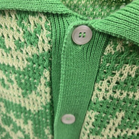 Massive Luxury Green Open Knit Crochet Polo Button Front Short Sleeved Top - Picture 3 of 14